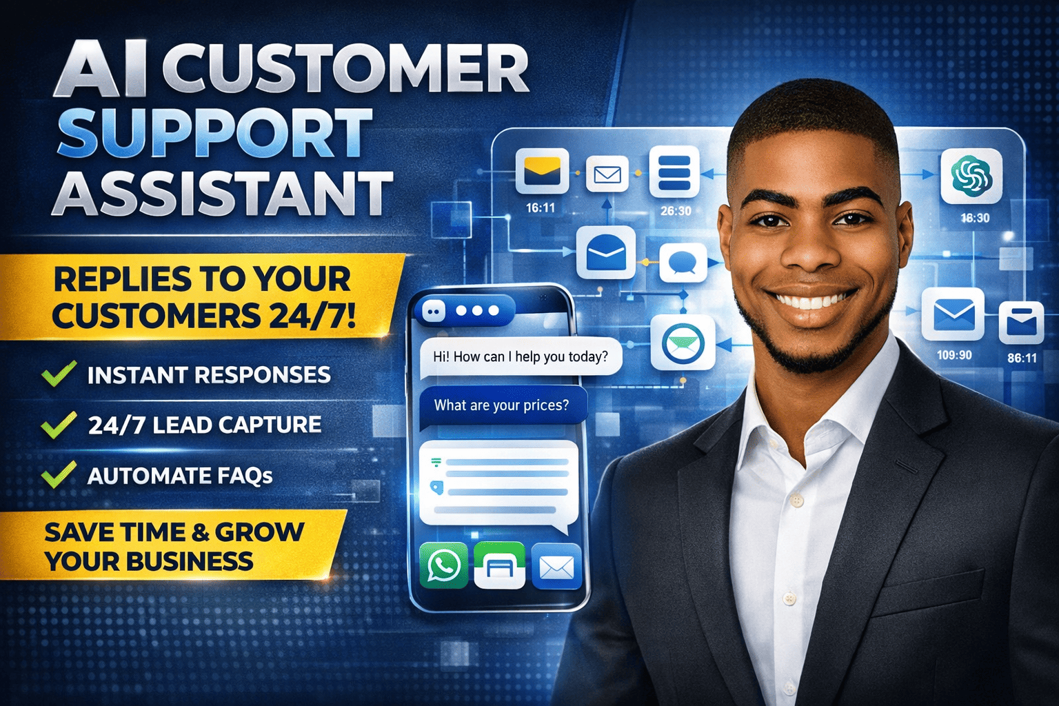 I will build an AI customer support assistant that replies to your customers 24/7 and captures leads automatically