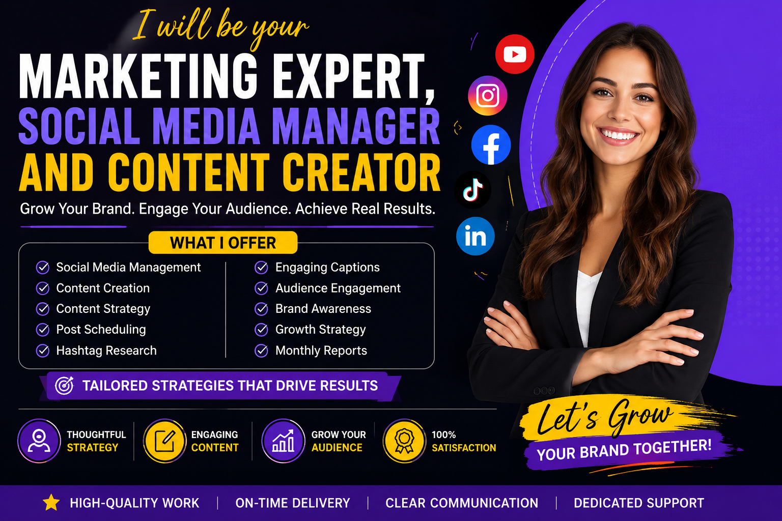 I will be your marketing expert, social media manager and content creator