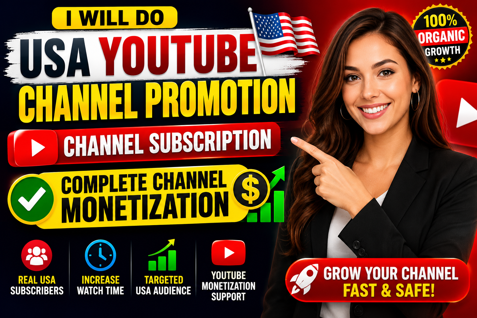 I will do USA you tube channel promotion channel subscription complete channel monetization