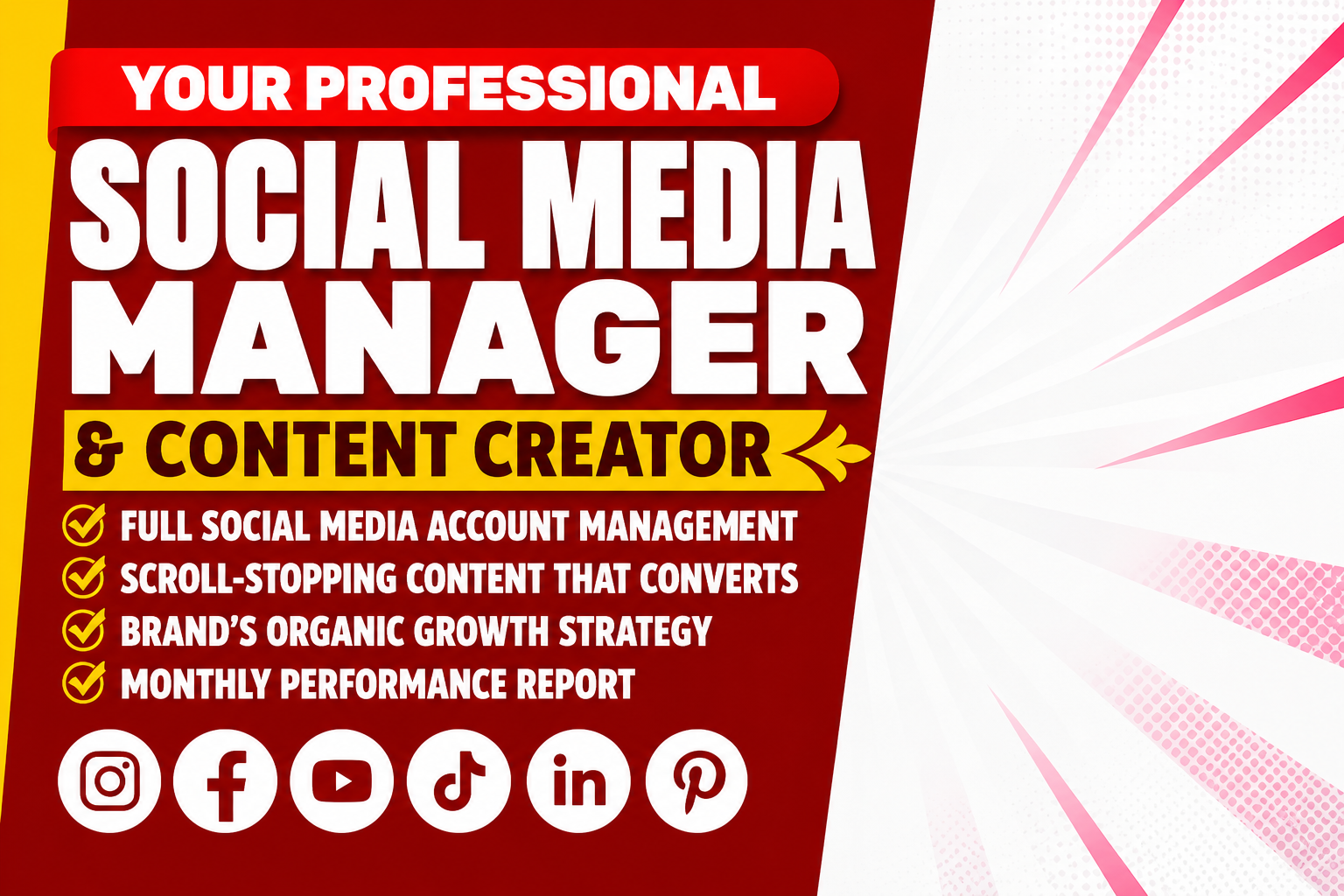 I will be your social media marketing manager, content creator,social media post design